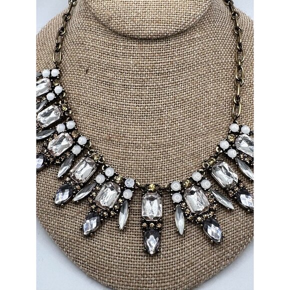 J Crew Necklace Shimmering Rhinestone Moonstone Chunky Gold Tone - Picture 8 of 9